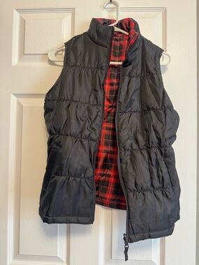 Target Black Reversible Puffer Vest with Red Plaid Lining